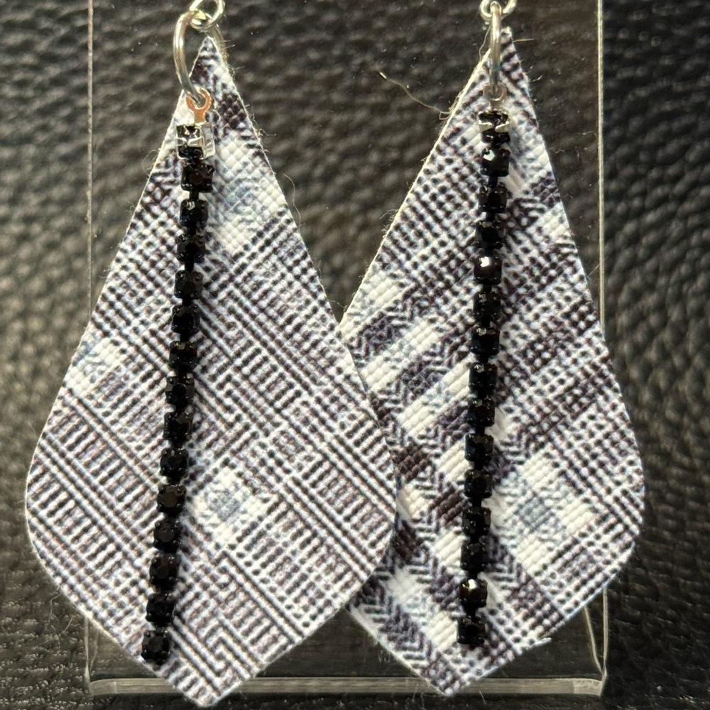 Handmade black and white plaid faux leather earrings with rhinestones